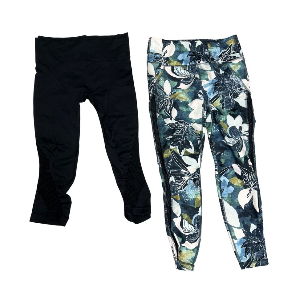 Athleta Leggings Bundle Sz M Black Mesh Crop Teal Floral Full Length Sporty Gym